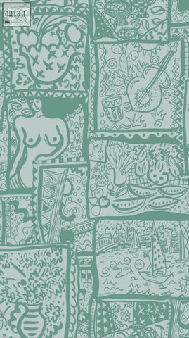 Wish you were here wallpaper in teal with whimsical screen prints of figures, fruit, musical instruments, and sailing boats