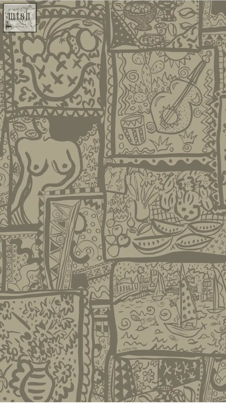 Wish you were here wallpaper with patchwork screen prints of sailing boats in muted earth tones and black outlines
