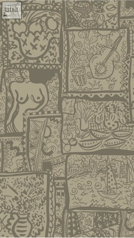 Wish you were here wallpaper with patchwork screen prints of sailing boats in muted earth tones and black outlines