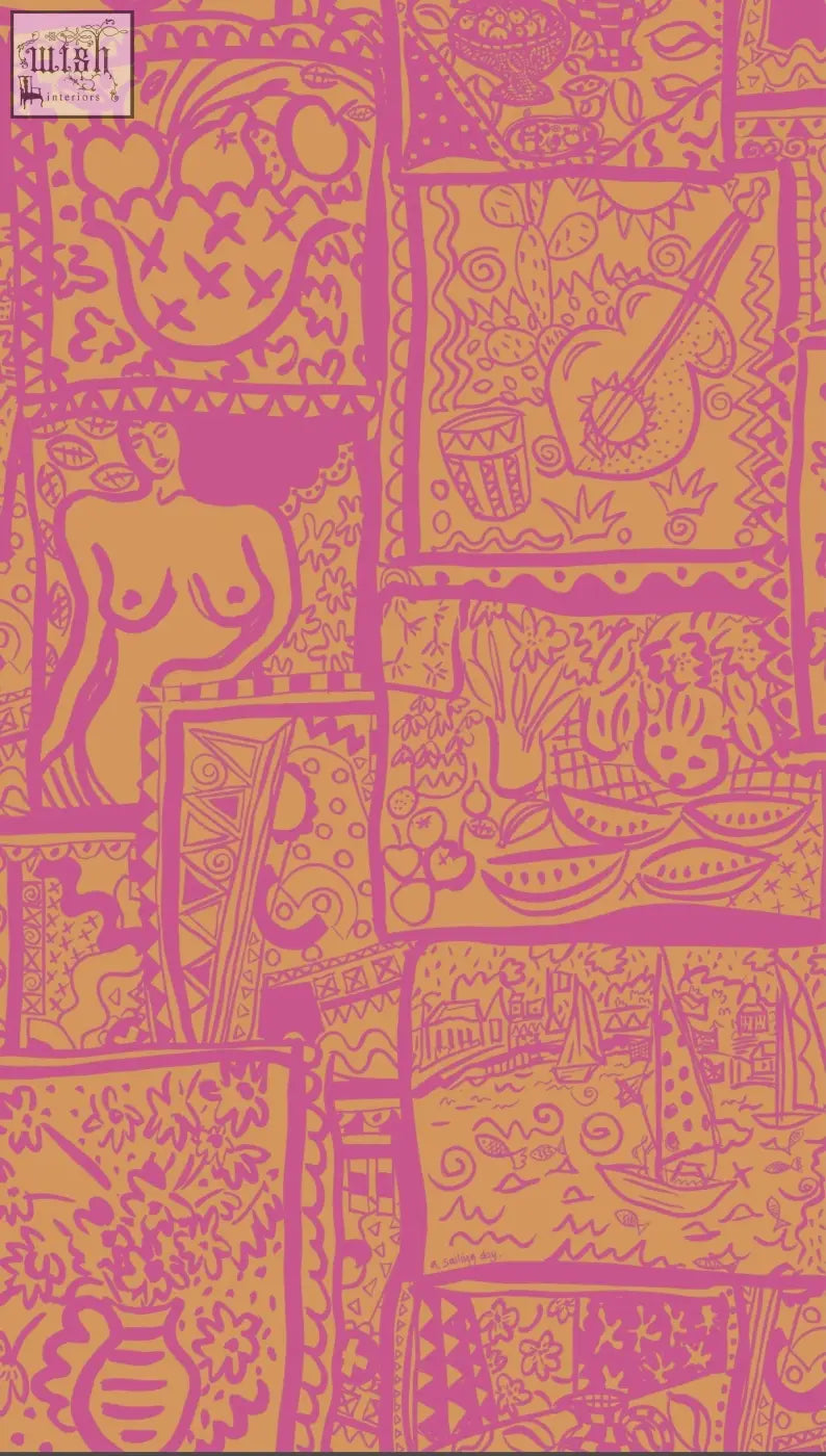 Wish you were here wallpaper with vibrant pink and orange patchwork screen prints featuring whimsical sailing boats patterns