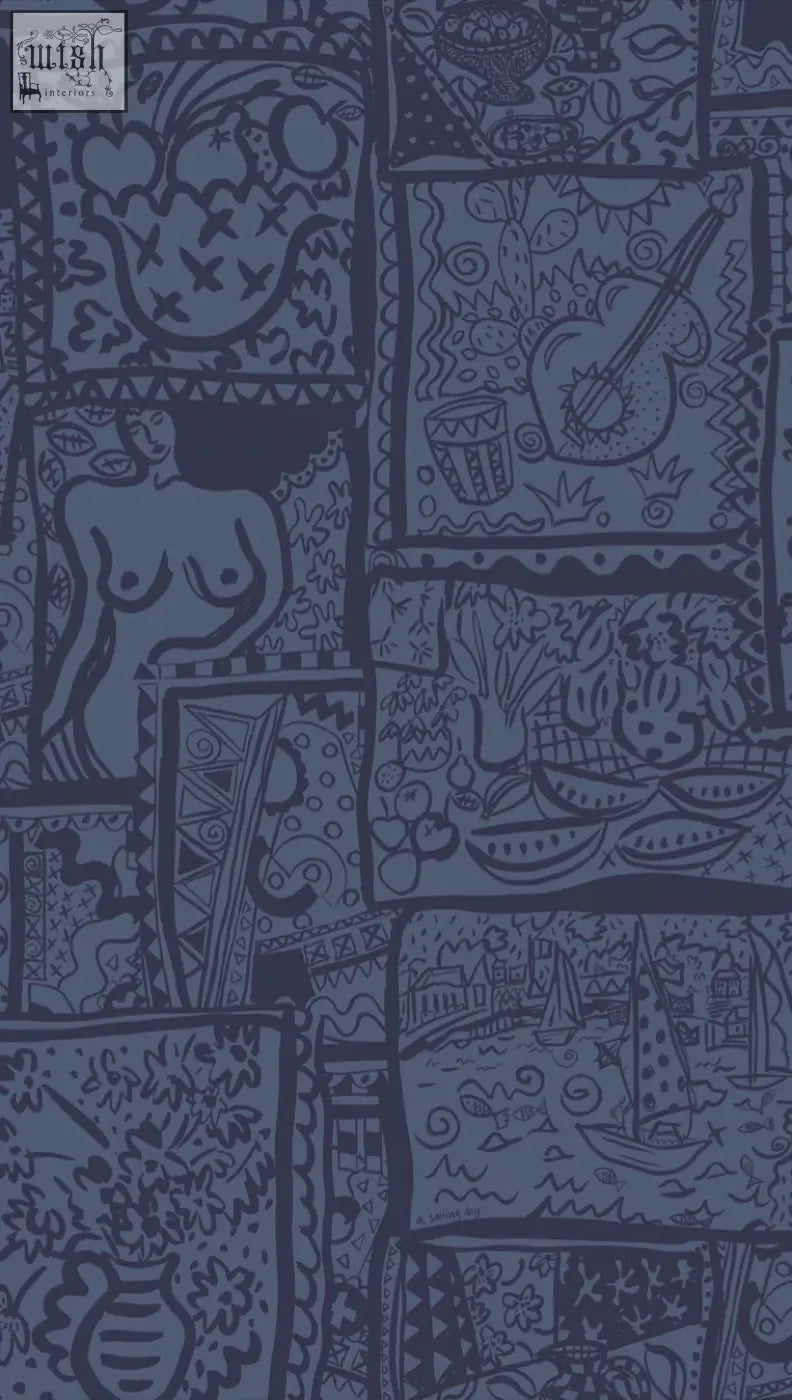 Dark blue wish you were here wallpaper with whimsical black outline illustrations including sailing boats screen prints