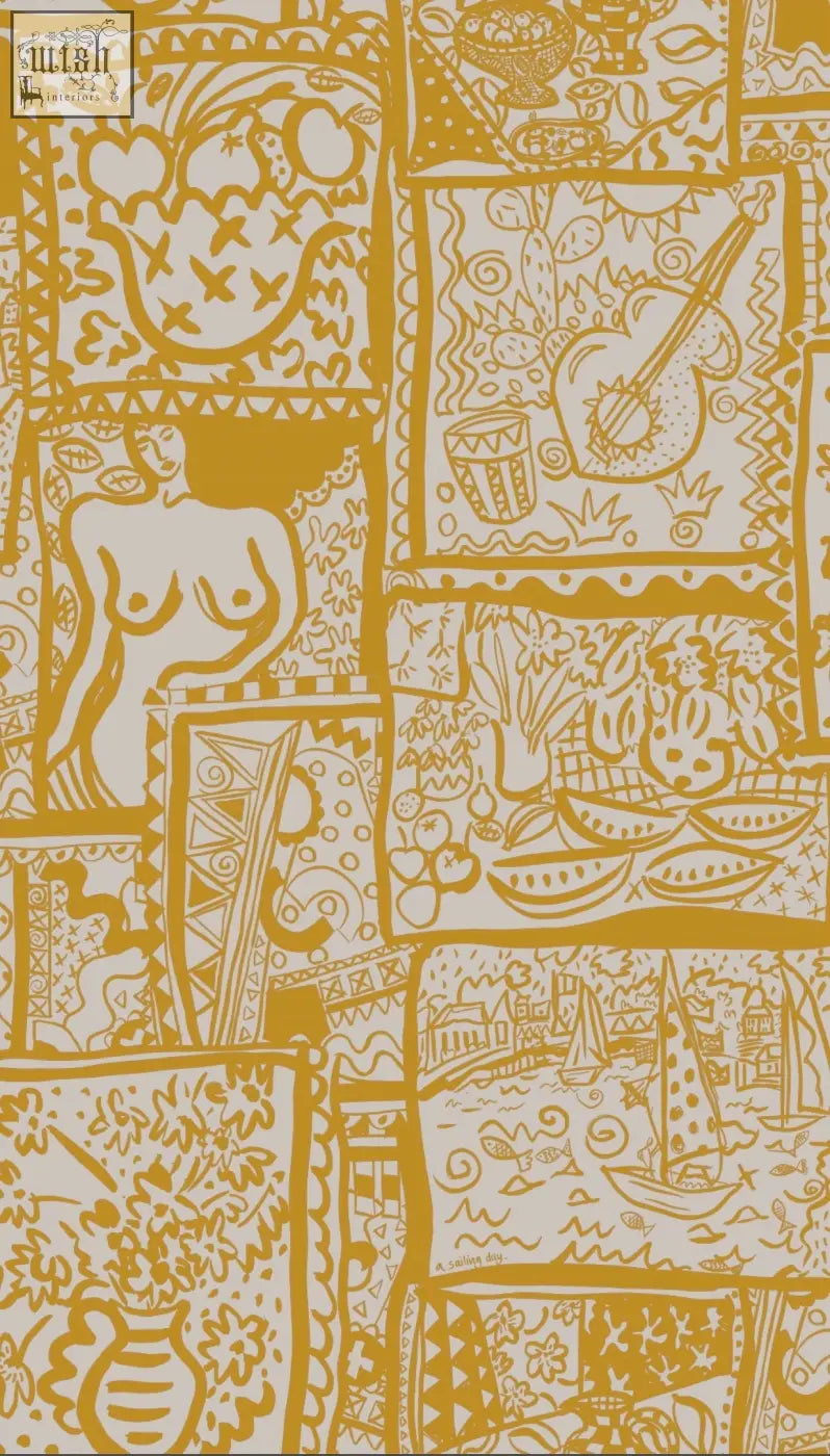 Wish you were here wallpaper features golden line-art screen prints of sailing boats in warm ochre patchwork scenes