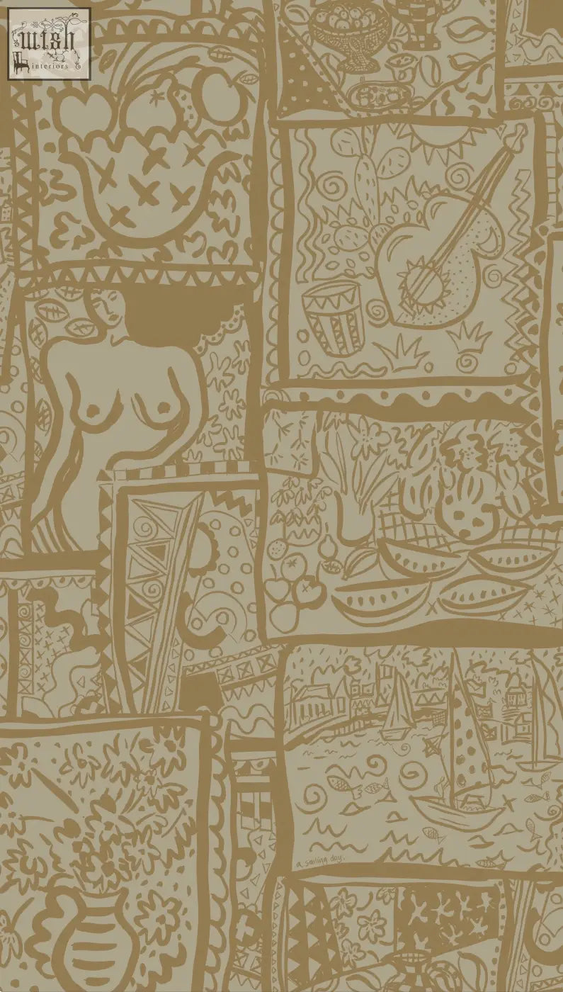 Wish you were here wallpaper with tan patchwork design featuring intricate screen prints of sailing boats and scenes