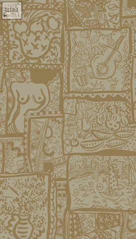 Wish you were here wallpaper with tan patchwork design featuring intricate screen prints of sailing boats and scenes