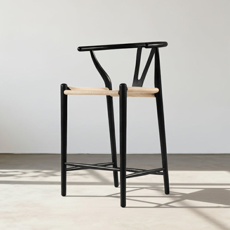 Black wishbone bar stool with light woven rope seat and backrest perfect bar stool black for kitchen or bar seating