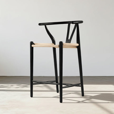 Black wishbone bar stool with light woven rope seat and backrest perfect bar stool black for kitchen or bar seating
