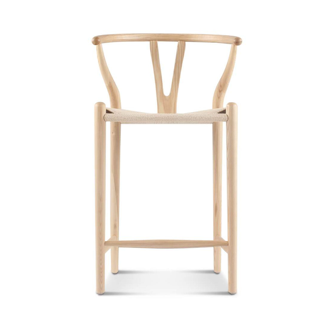 Minimalist wishbone bar stool black ash with y-shaped backrest and woven seat made of light natural wood