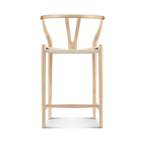 Minimalist wishbone bar stool black ash with y-shaped backrest and woven seat made of light natural wood
