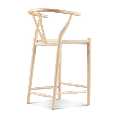 Minimalist wishbone bar stool black ash made of light natural wood with y-shaped backrest and woven seat for bar stools
