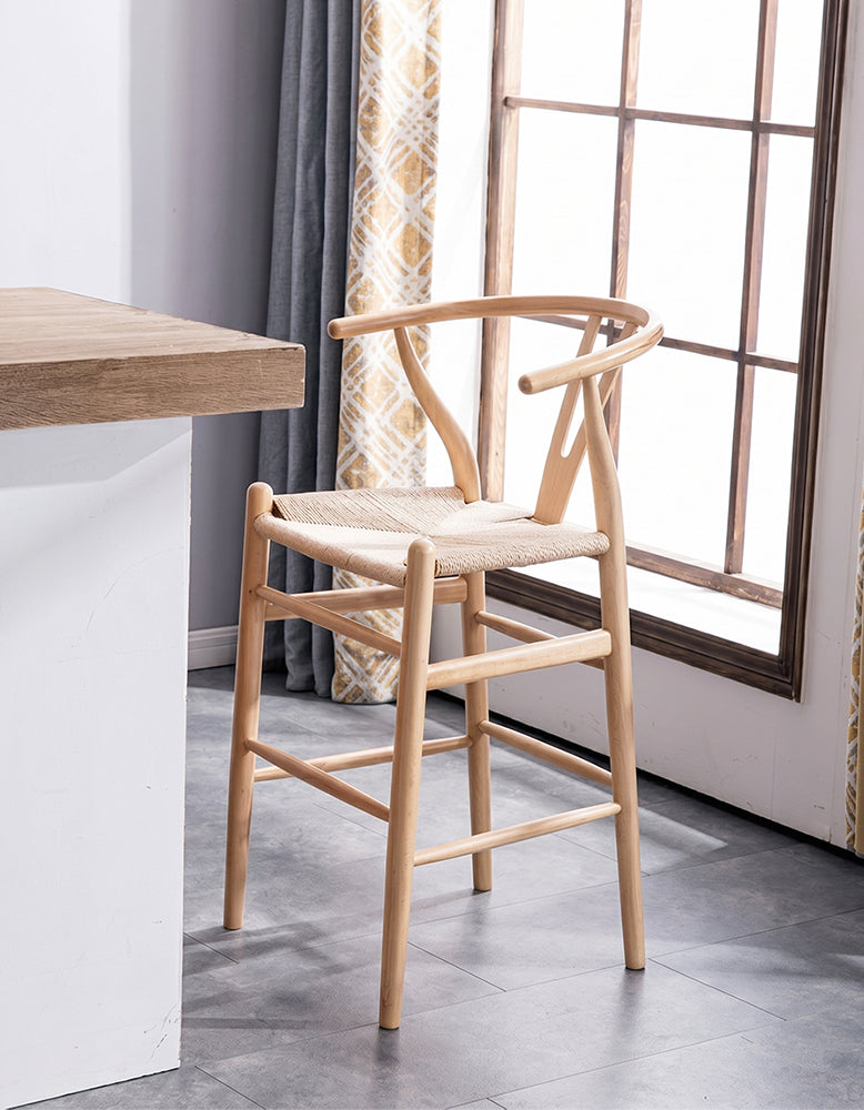 Light wooden y shaped back wishbone bar stool with woven natural fiber seat bar stool black ash