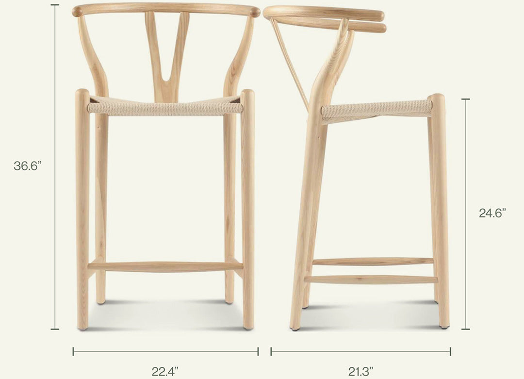Light-colored wooden wishbone bar stool with woven seat and backrest in walnut finish for bar use
