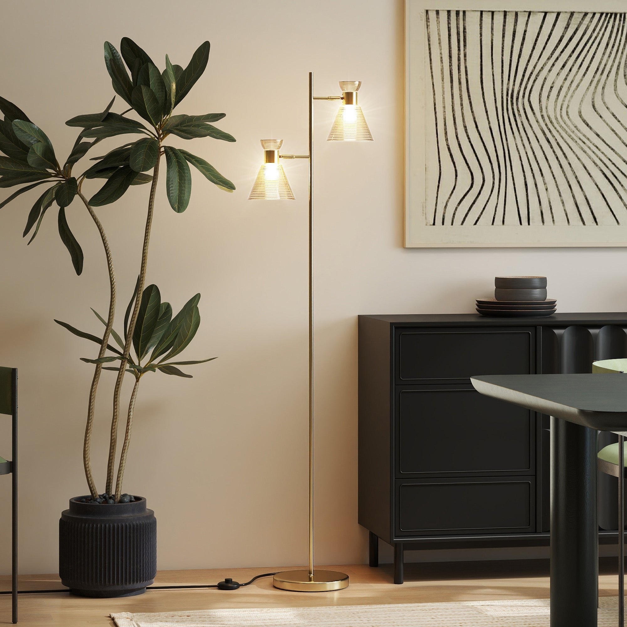 HOMCOM Floor Lamp with Adjustable Dual Head, Modern Standing Lamp with Floral Glass Shades and Foot Switch for Living Room Bedroom, E27 Socket, Bulb Not Included, Gold Tone