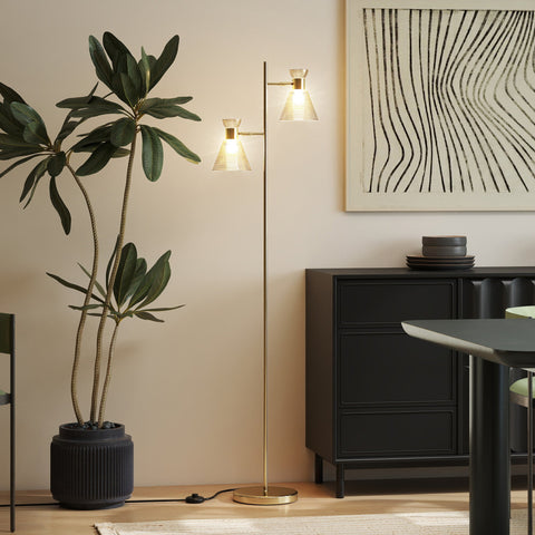 HOMCOM Floor Lamp with Adjustable Dual Head, Modern Standing Lamp with Floral Glass Shades and Foot Switch for Living Room Bedroom, E27 Socket, Bulb Not Included, Gold Tone