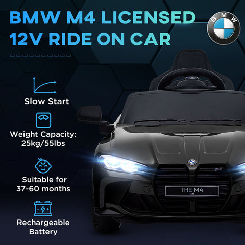AIYAPLAY 12V BMW Licensed Kids Car, with Easy Transport, Remote Control, Suspension, Music, Horn, LED Lights, Black