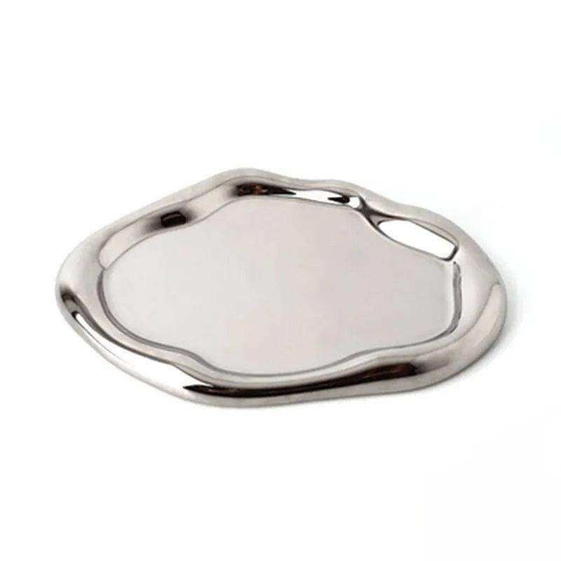 Shiny silver wobbly chrome tray with smooth irregular edge and two handles perfect for stylish serving chrome tray