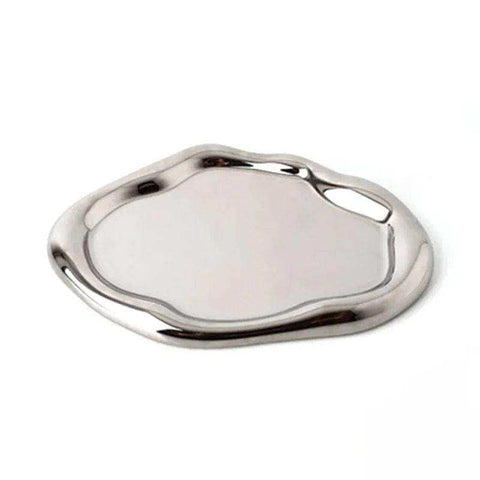 Shiny silver wobbly chrome tray with smooth irregular edge and two handles perfect for stylish serving chrome tray