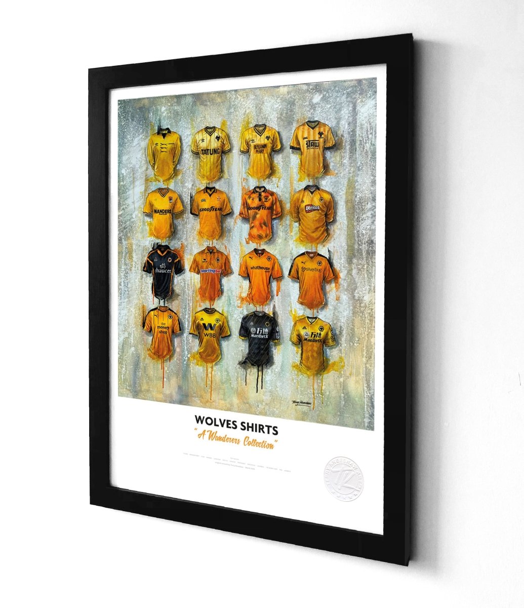 Black-framed print showcasing wolverhampton wanderers iconic gold and black football shirts in various designs