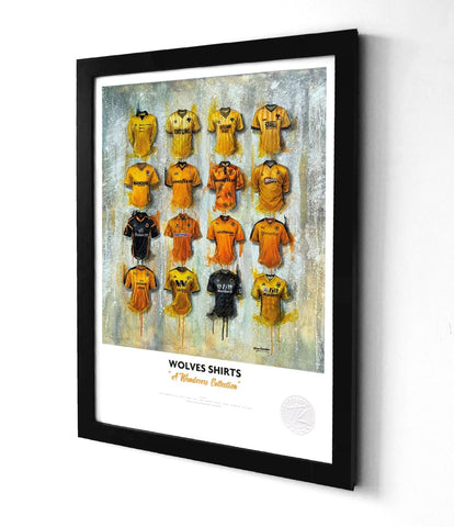 Black-framed print showcasing wolverhampton wanderers iconic gold and black football shirts in various designs