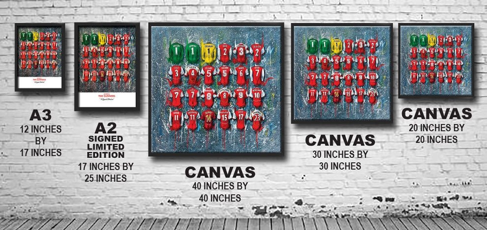 A framed print of a stylized arsenal team in red with green and yellow accents on a white brick wall for wolverhampton wanderers fans