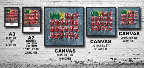 A framed print of a stylized arsenal team in red with green and yellow accents on a white brick wall for wolverhampton wanderers fans