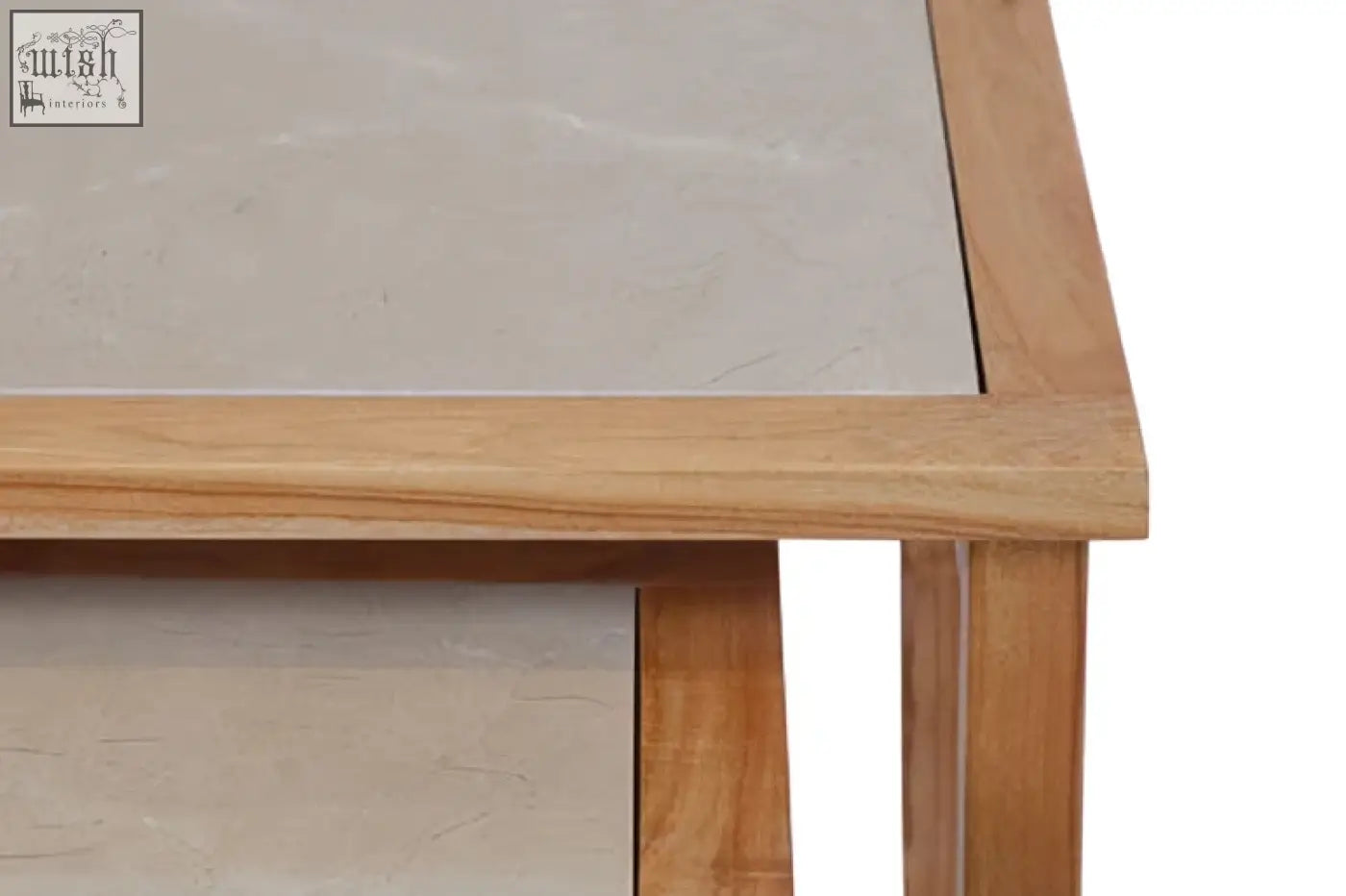 Womad large set of 2 wooden side tables with cream marble tops and light wood frames in a modern design