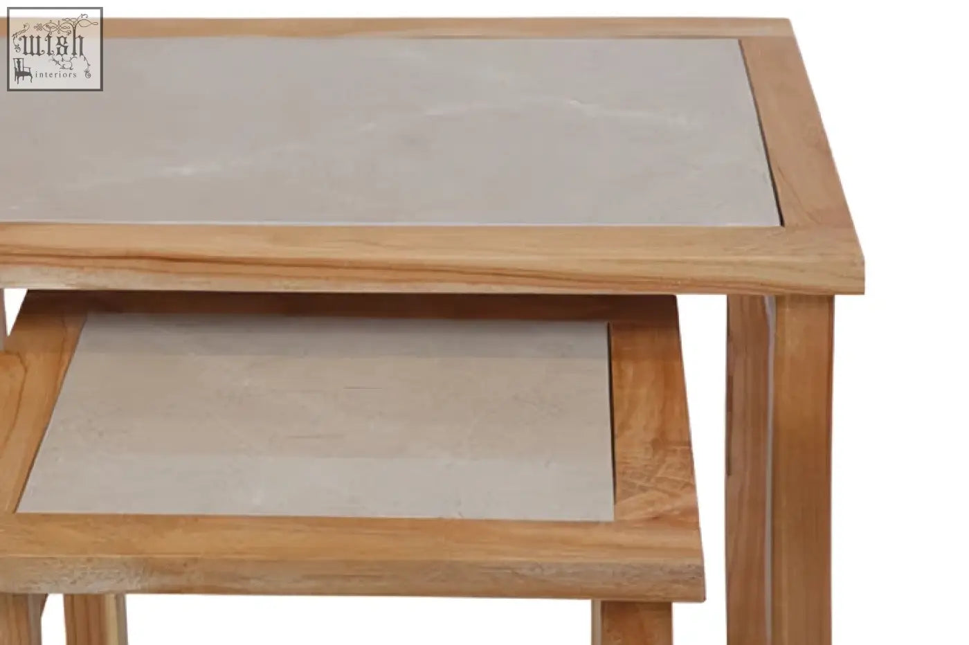 Light brown wooden side table with cream marble tops and matching lower shelf from womad large set