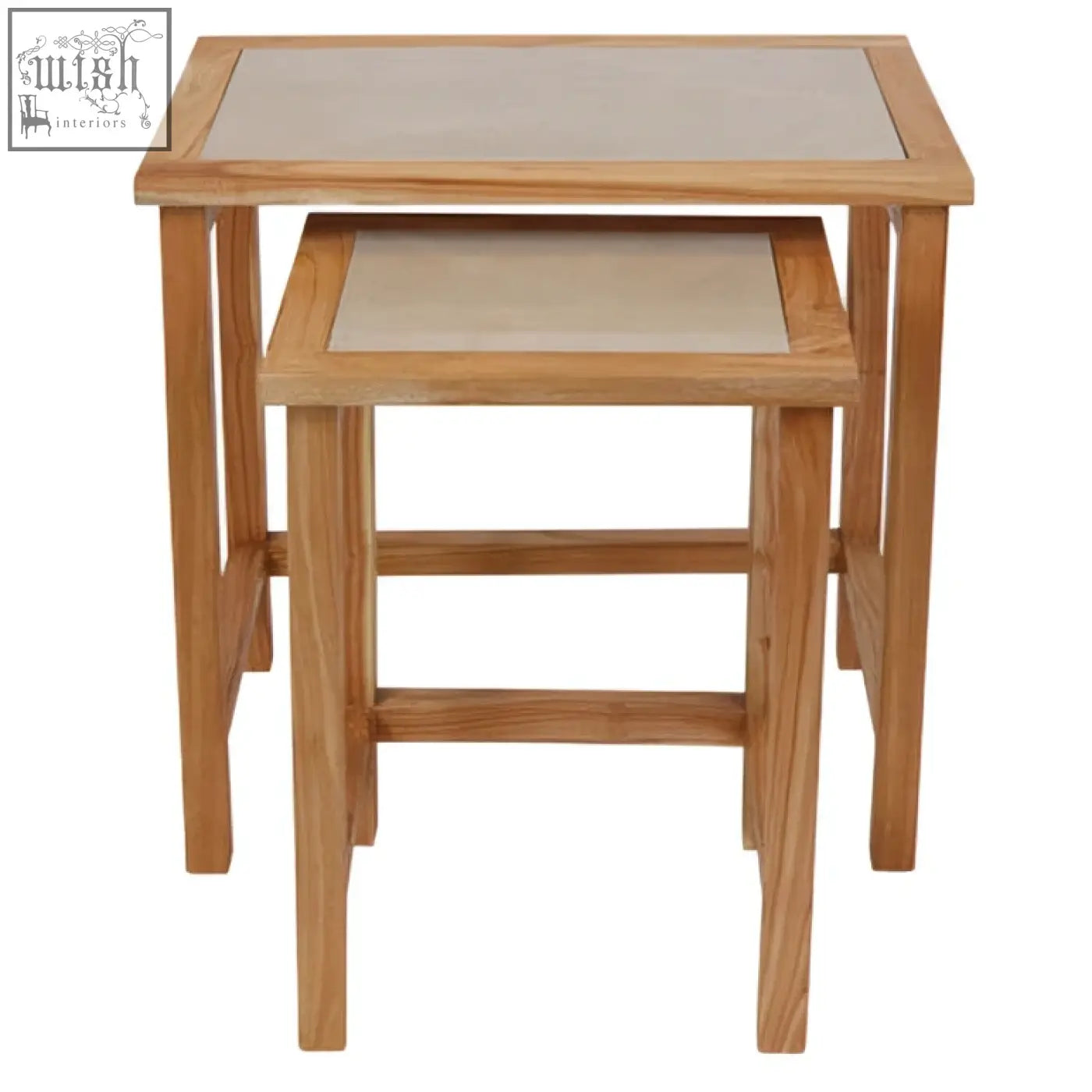 Set of two womad large wooden side tables with cream marble tops and light wood frames