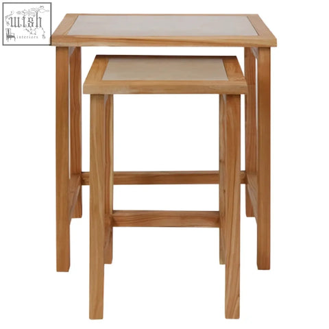 Set of two womad large wooden side tables with light oak finish and cream marble tops and simple rectangular design