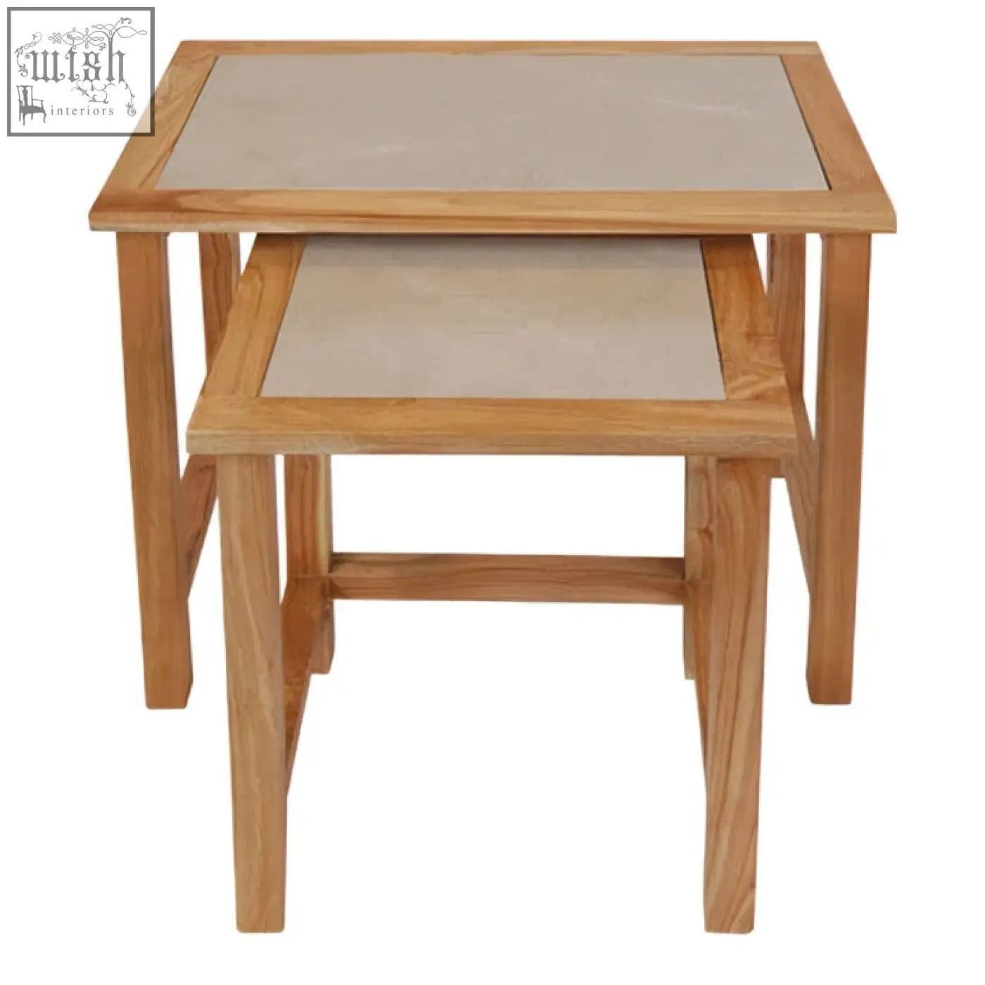 Set of two womad large square nesting tables with light wood frames and cream marble tops