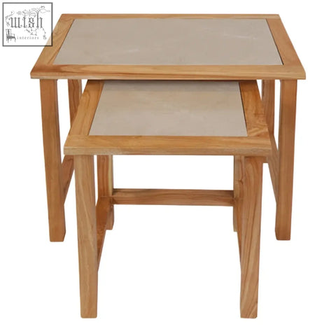 Set of two womad large square nesting tables with light wood frames and cream marble tops