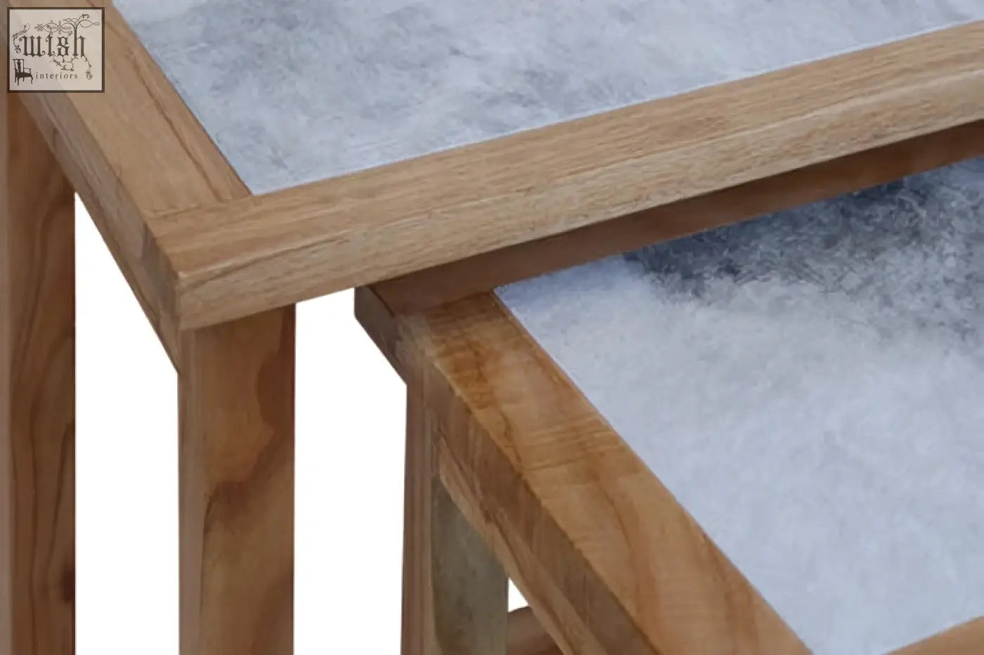 Womad large set of 2 wooden side tables with light brown base and textured gray stone white marble tops