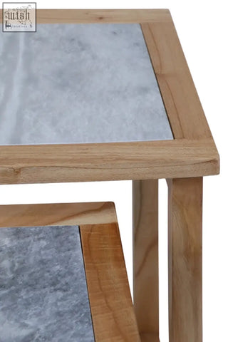 Womad large set of 2 wooden side tables with light brown frames and gray white marble tops