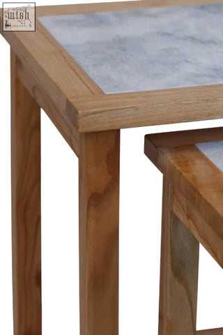 Light brown wooden side tables with gray white marble tops from womad large set of 2