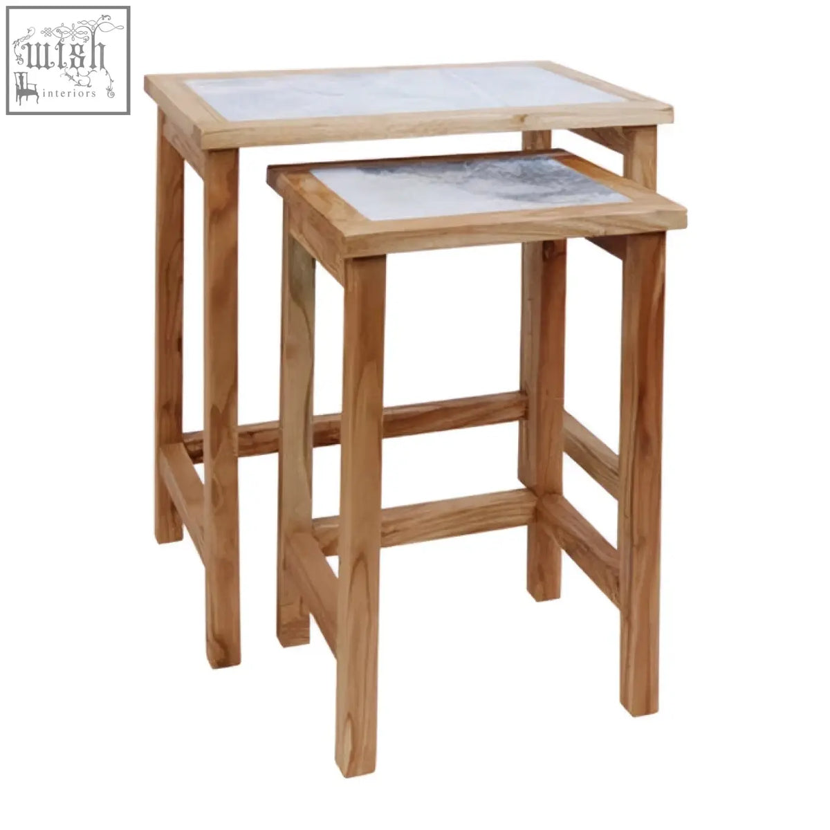 Set of two womad wooden side tables with white marble tops and light wood nesting design