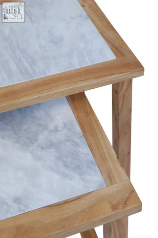 Light wood framed womad small set of 2 side tables with white marble tops and two tiers for extra storage