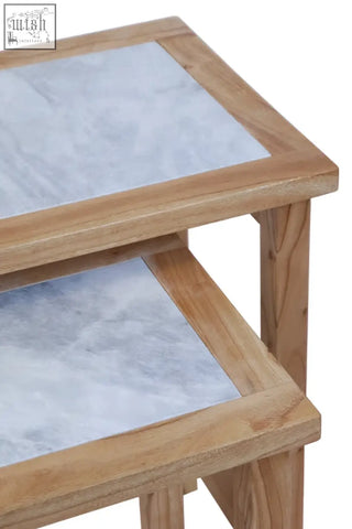 Light-colored wooden end table with white marble tops from womad small set of 2 side tables with marble tops