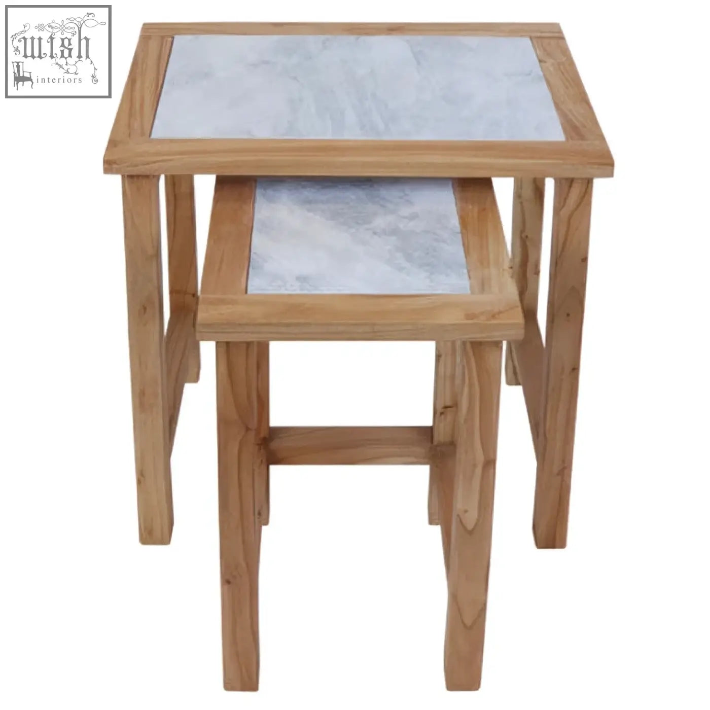 Set of two womad wooden side tables with light wood frames and white marble tops for stylish small spaces