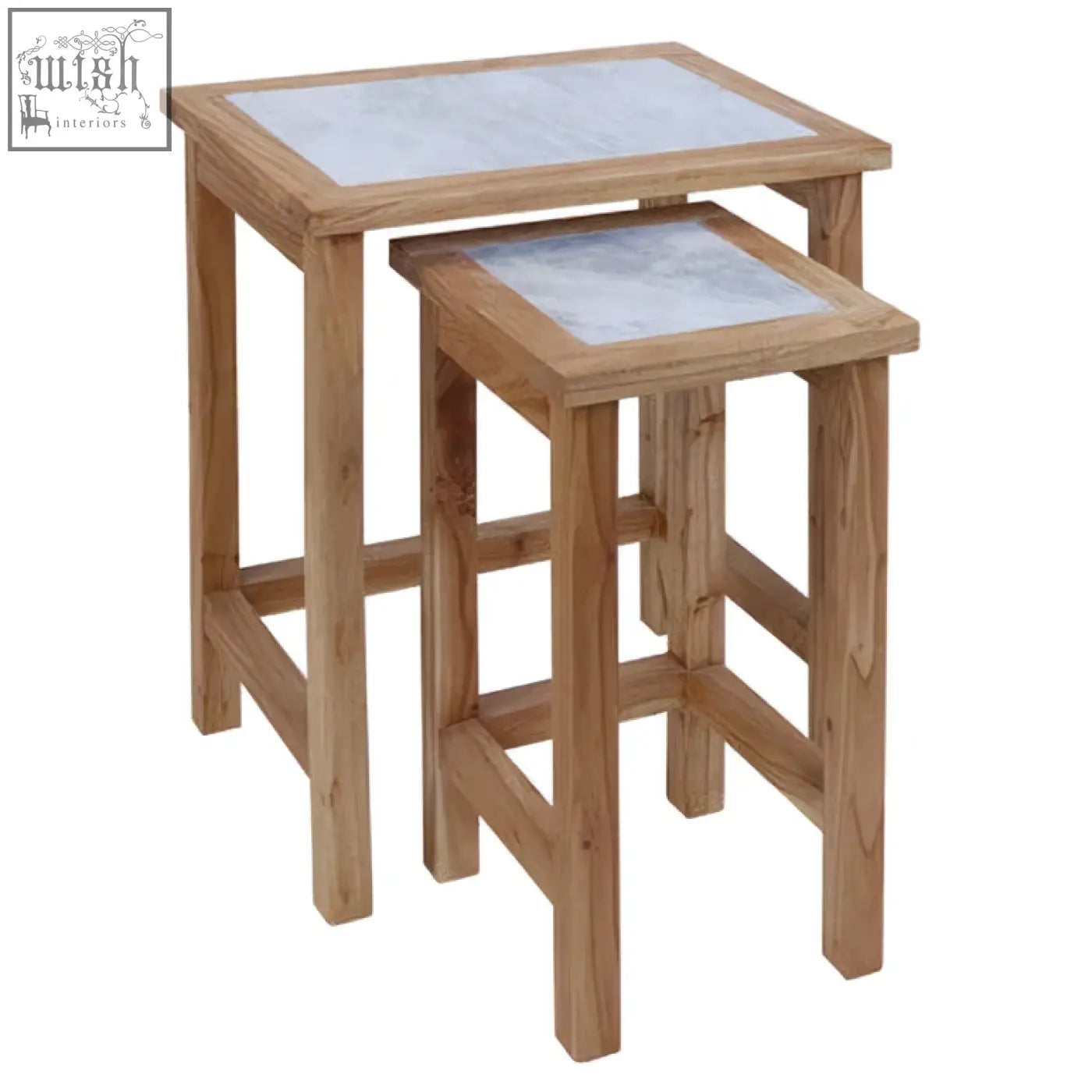 Set of two womad wooden side tables with light wood frames and white marble tops perfect for small spaces