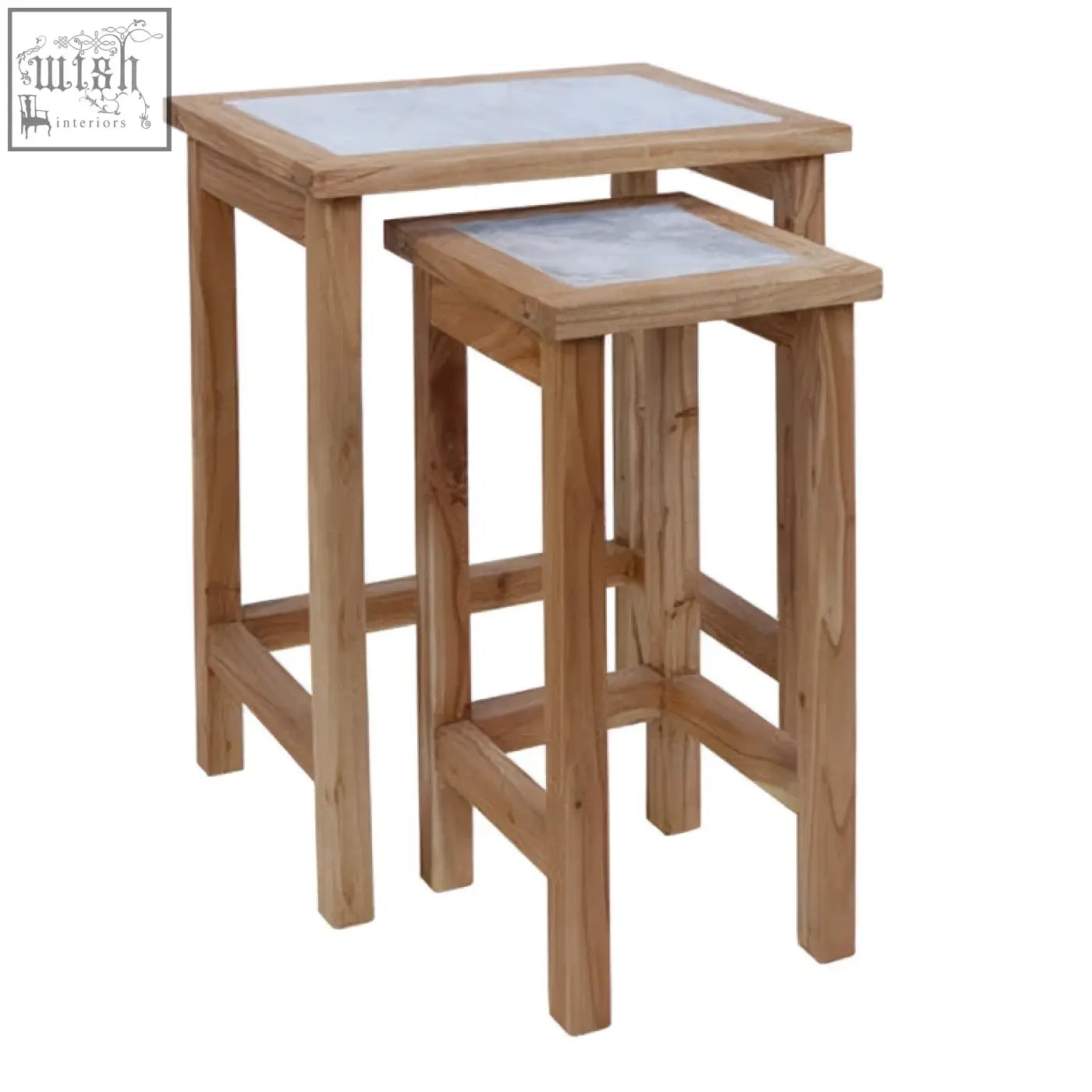 Set of two womad wooden side tables with rustic base and white marble tops for living room or bedroom use
