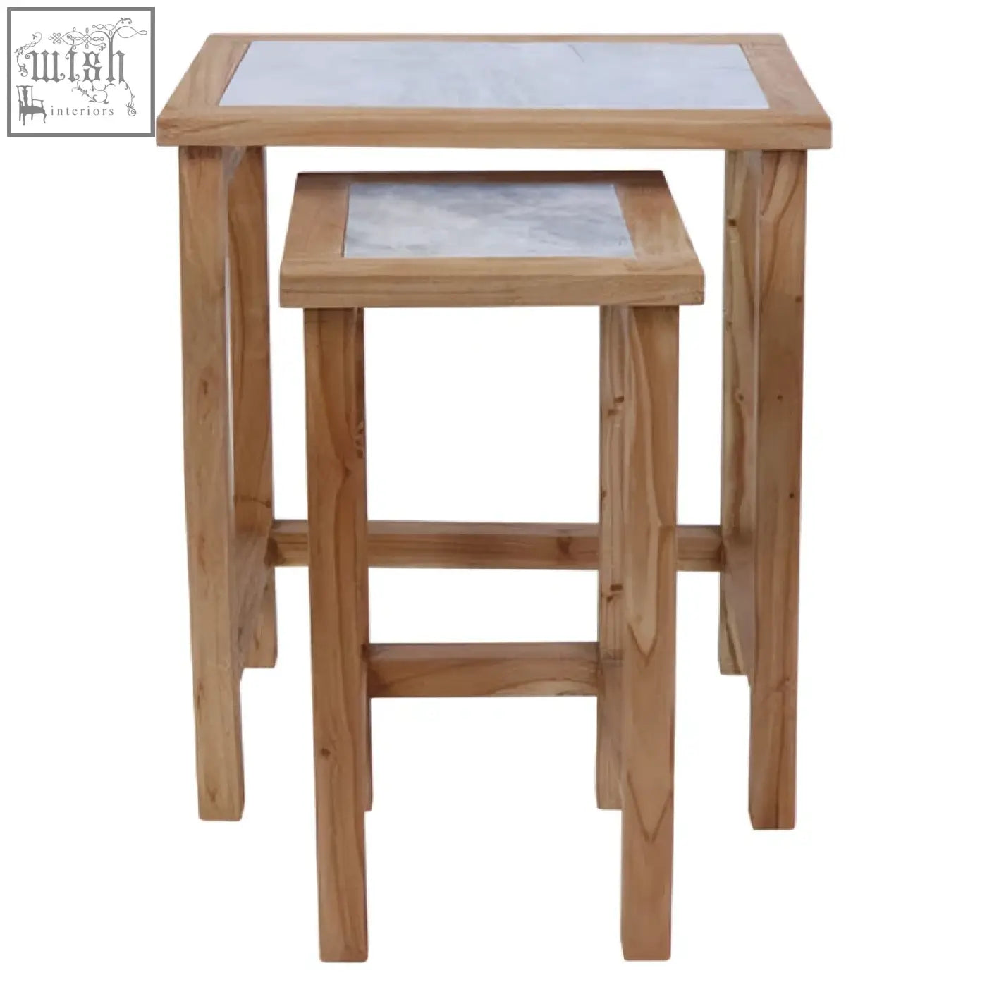 Set of two womad wooden side tables with light wood frames and white marble tops perfect for small spaces