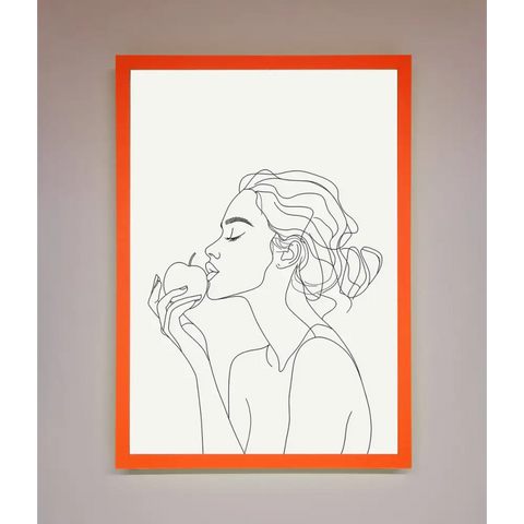 Women With An Apple Line Drawing Framed Poster - A3 (29.7 x 42 cm) / Neon Orange - Framed Print