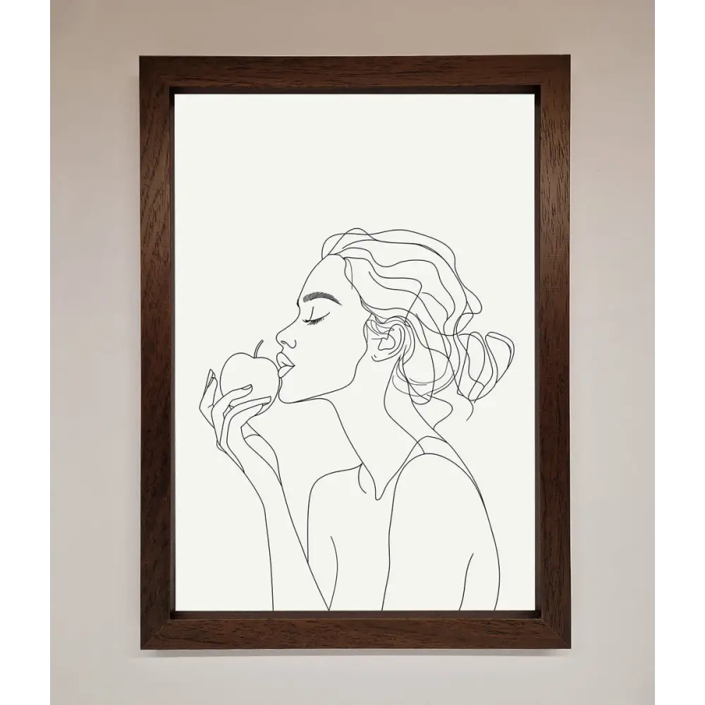 Women With An Apple Line Drawing Framed Poster - A3 (29.7 x 42 cm) / Walnut - Framed Print