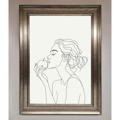 Women With An Apple Line Drawing Framed Poster - A3 (29.7 x 42 cm) / Silver - Framed Print