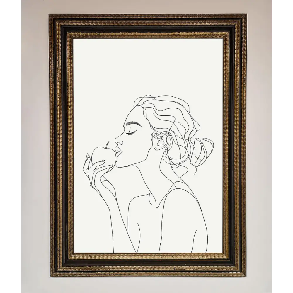 Women With An Apple Line Drawing Framed Poster - A3 (29.7 x 42 cm) / Ornate Gold Black - Framed Print