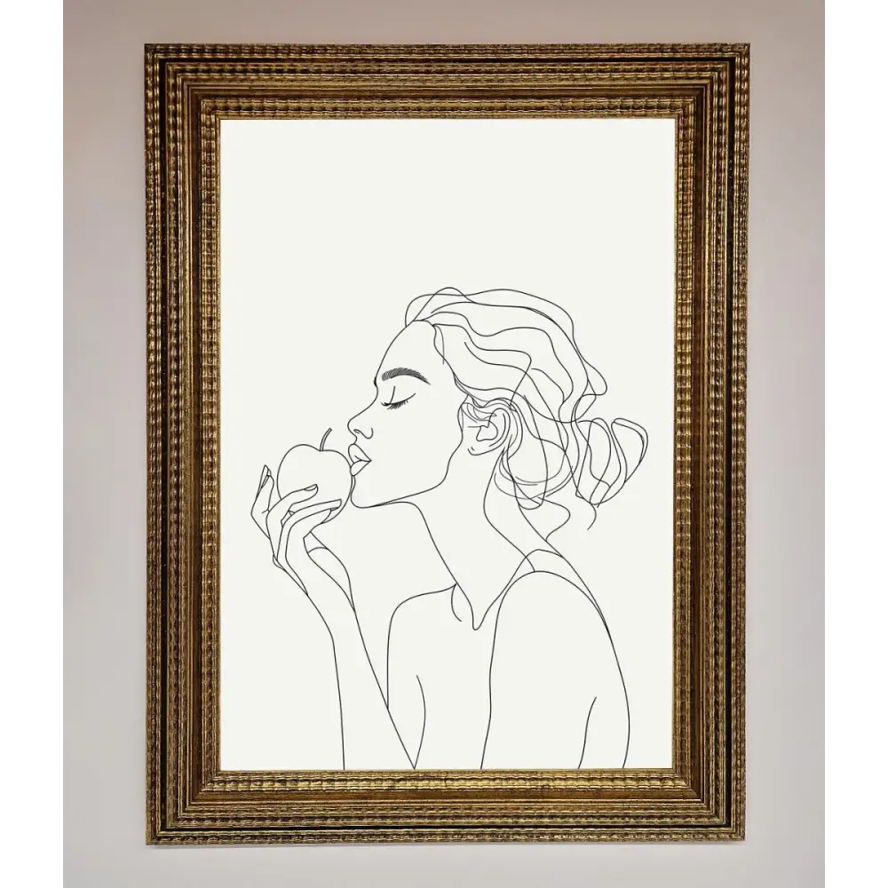 Women With An Apple Line Drawing Framed Poster - A3 (29.7 x 42 cm) / Ornate Gold - Framed Print