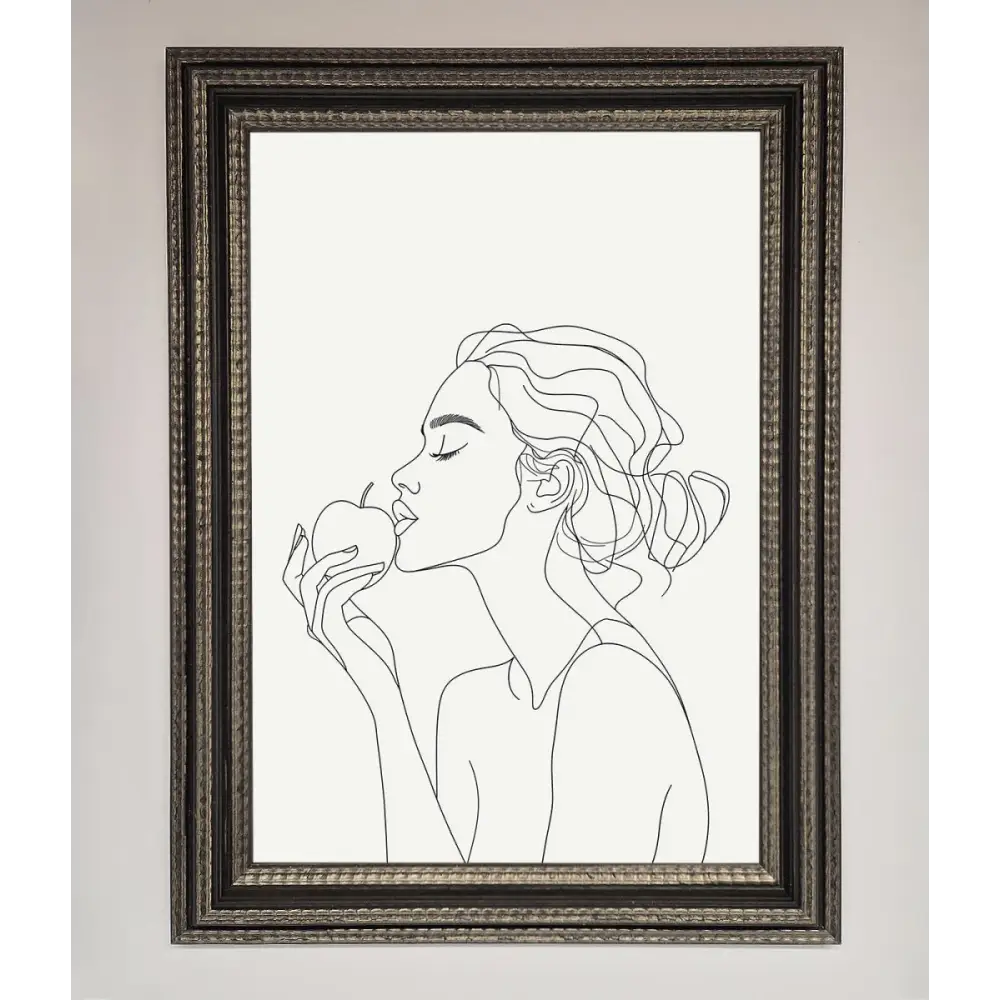 Women With An Apple Line Drawing Framed Poster - A3 (29.7 x 42 cm) / Ornate Silver Black - Framed Print