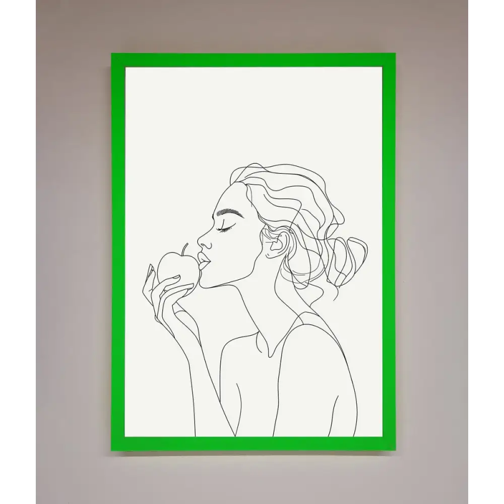 Women With An Apple Line Drawing Framed Poster - B0 (100 x 141 cm) / Neon Dark Green - Framed Print