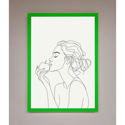 Women With An Apple Line Drawing Framed Poster - B0 (100 x 141 cm) / Neon Dark Green - Framed Print
