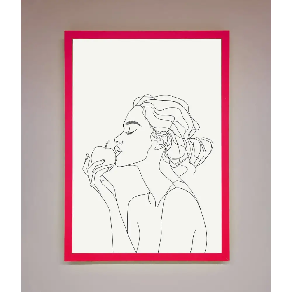 Women With An Apple Line Drawing Framed Poster - B0 (100 x 141 cm) / Neon Pink - Framed Print