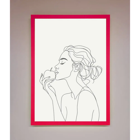 Women With An Apple Line Drawing Framed Poster - B0 (100 x 141 cm) / Neon Pink - Framed Print